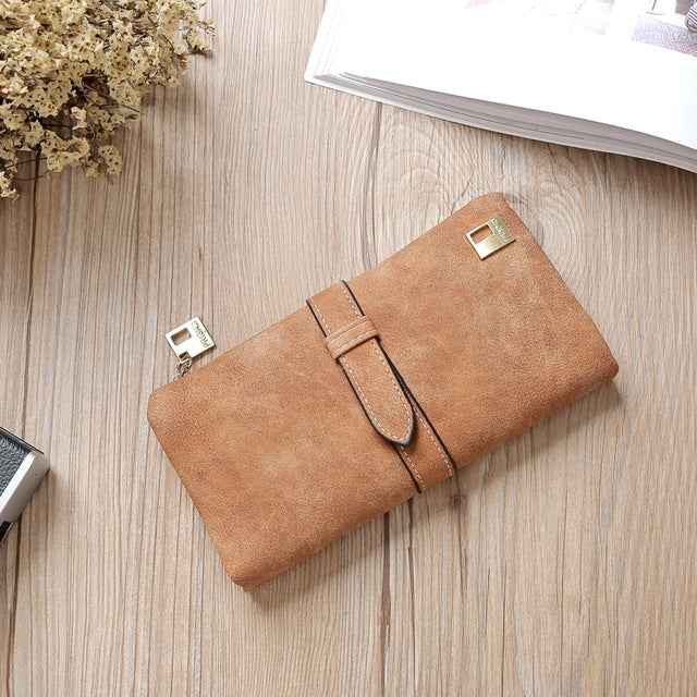 Solid Drawstring Nubuck Leather Zipper Long Women Wallet Phone Bag Purse Card Holder