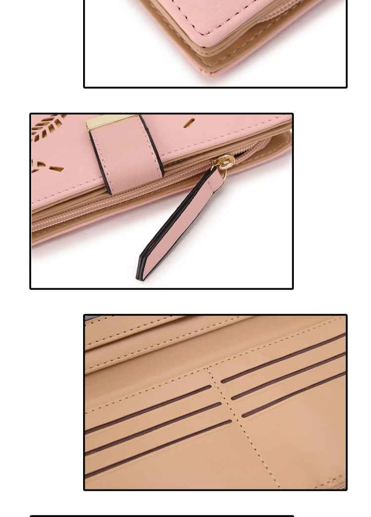 Long Gold Hollow Leaves Coin Purse Card Holders Wallet for Women