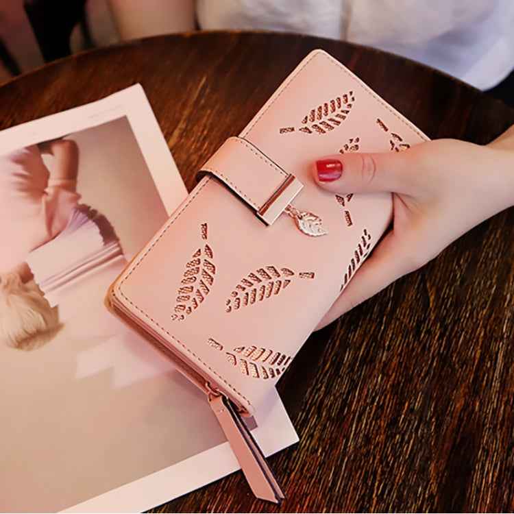 Long Gold Hollow Leaves Coin Purse Card Holders Wallet for Women
