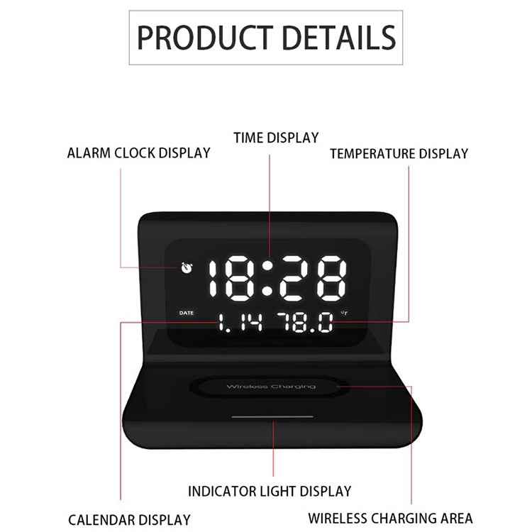 10W QI Universal Multi-function Mobile Phone Wireless Charger with Alarm Clock & Time / Calendar / Temperature Display