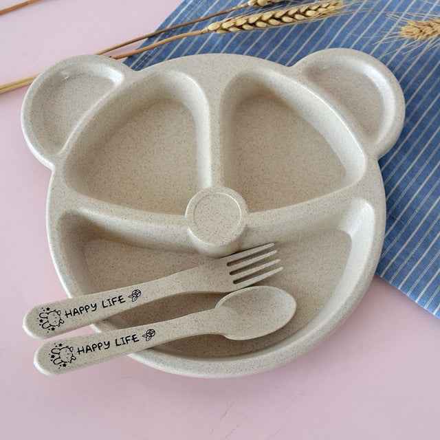 3 PCS/Set Baby Bowl+Spoon+Fork Feeding Food Tableware Cartoon Bear Kids Dishes Eating Dinnerware