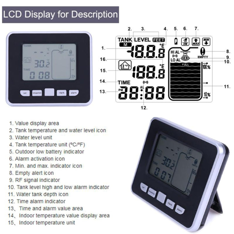 TS-FT002 Multifunctional Ultrasonic Electronic Water Tank Level Gauge With Indoor Temperature Thermometer Clock Display Water Level Gauge