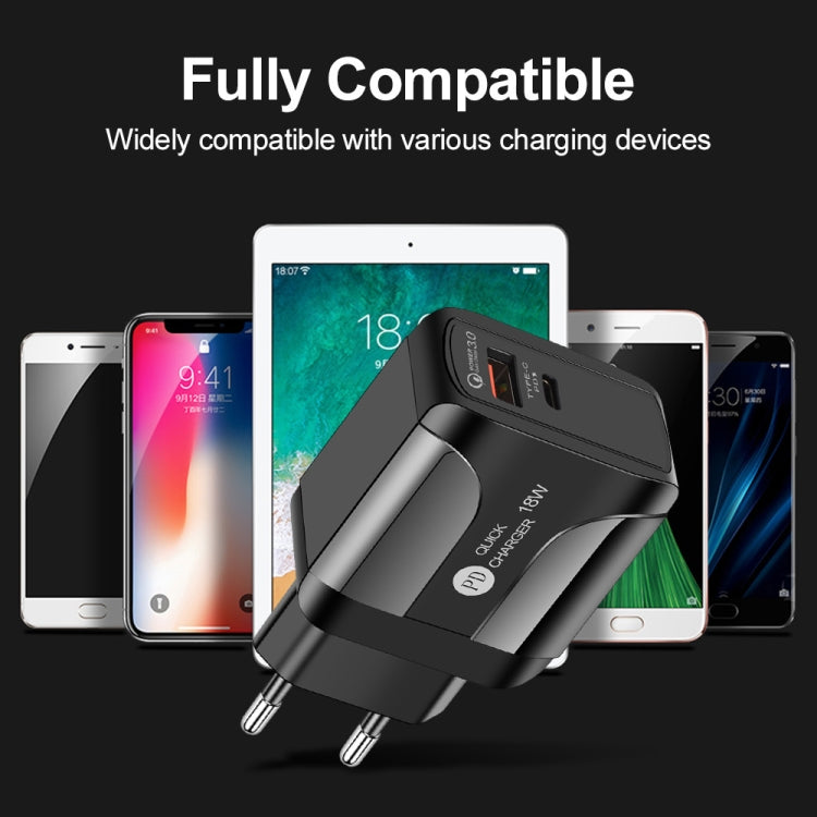 18W PD + QC 3.0 Fast Charge Travel Charger Power Adapter With LED Indication Function, EU Plug Black, US Plug Black, UK Plug Black, EU Plug White, US Plug White, UK Plug White