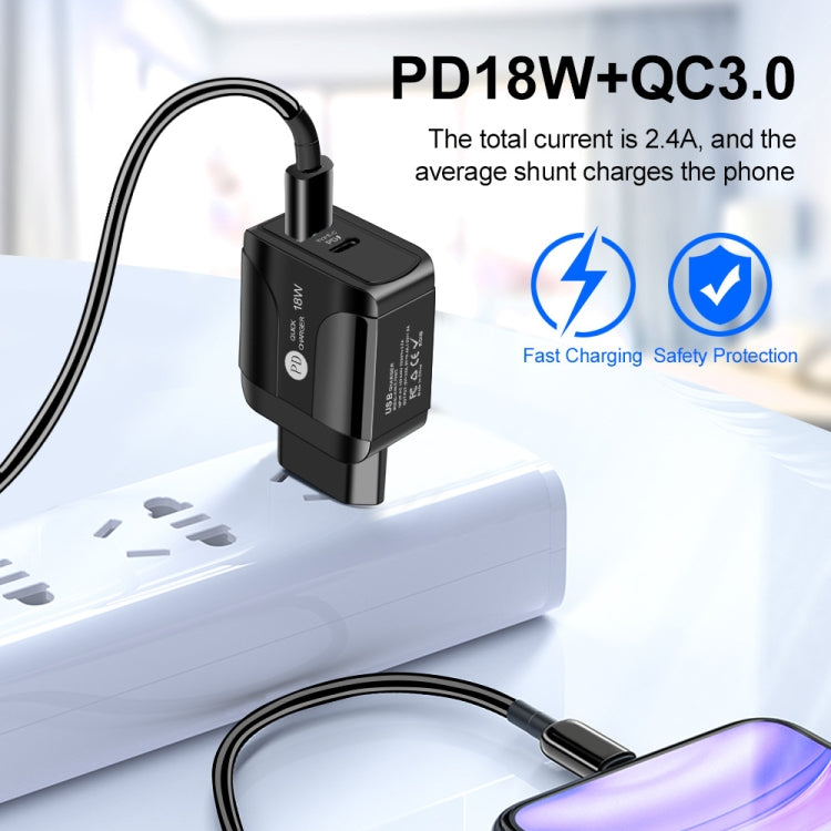 18W PD + QC 3.0 Fast Charge Travel Charger Power Adapter With LED Indication Function, EU Plug Black, US Plug Black, UK Plug Black, EU Plug White, US Plug White, UK Plug White