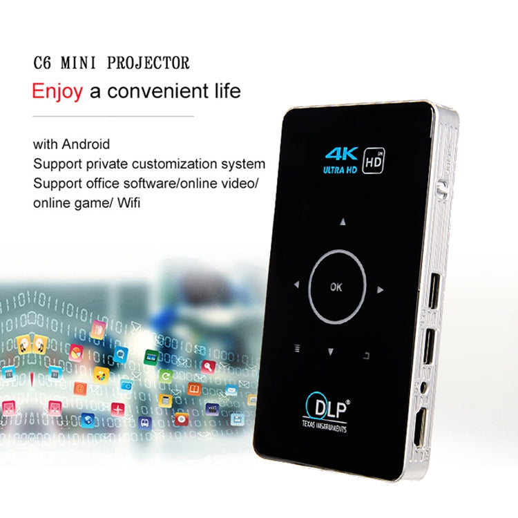C6 1G+8G Android System Intelligent DLP HD Mini Projector Portable Home Mobile Phone Projector，, US Plug  (Black), EU Plug (Black), UK Plug (Black), AU Plug (Black), US Plug (White), EU Plug (White), UK Plug (White), AU Plug (White)
