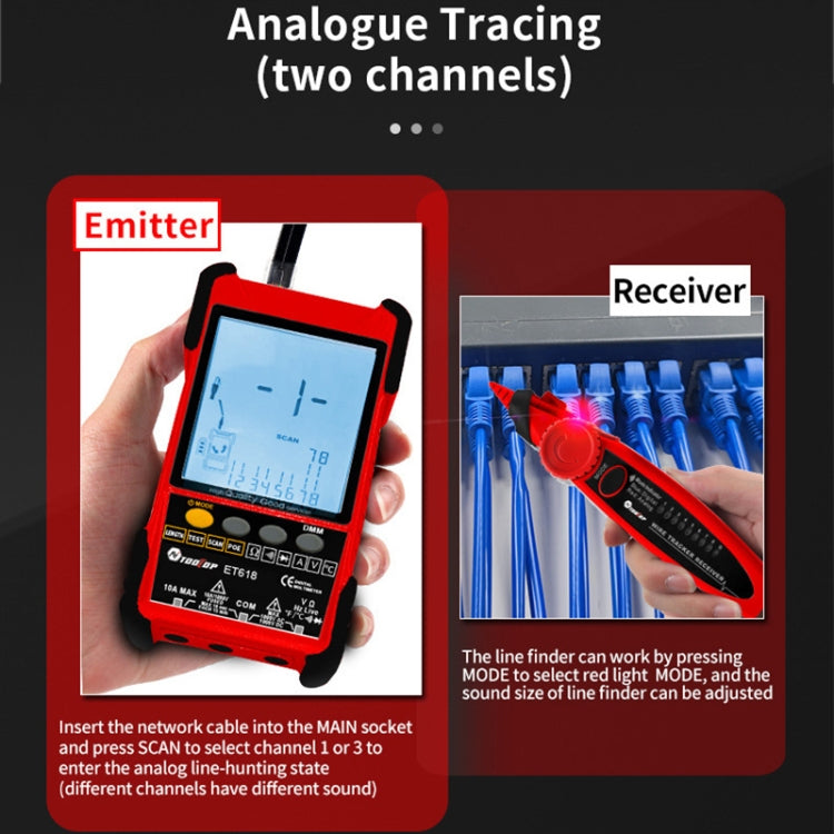 Rechargeable Adjustable Network Cable Tester Wire Tracker POE Cable Tester, ET618 (Red)