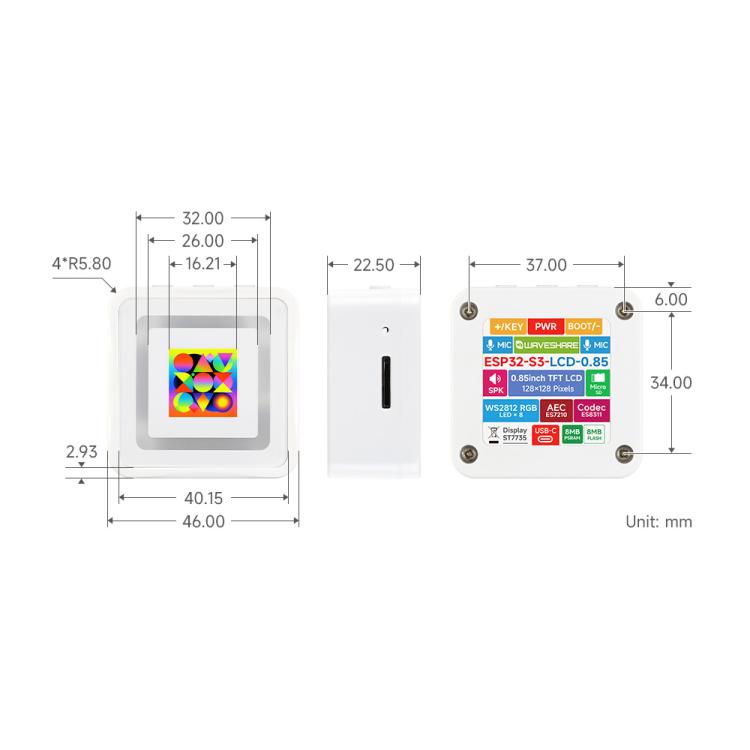 Waveshare ESP32-S3 Development Board With 0.85-Inch LCD 128×128, Dual Mic Array, Wi-Fi/BLE 5, AI Support, ESP32-S3-LCD-0.85