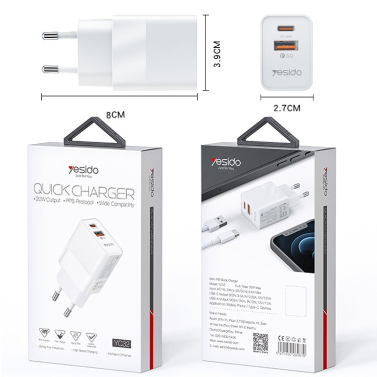 Yesido YC32PD20W + QC3.0 Dual-port Fast Charging Head Mobile Phone Charger