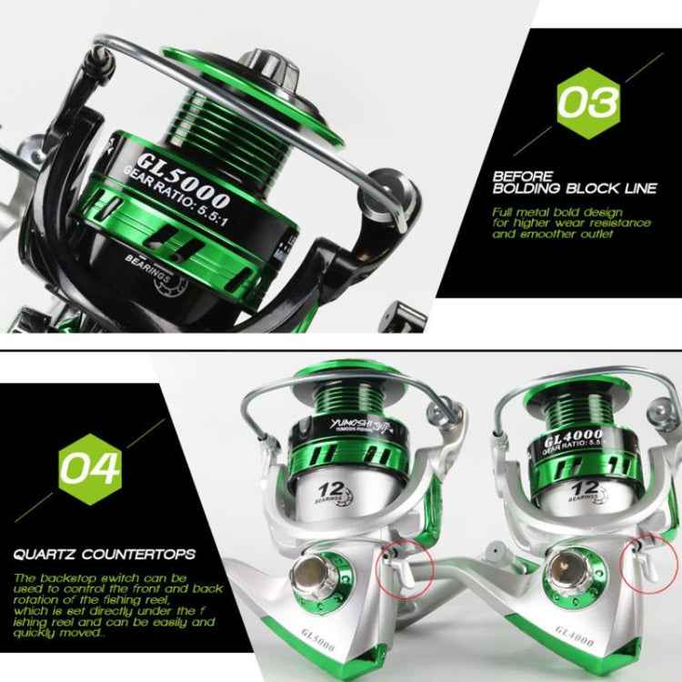 YUMOSHI GL Series Fishing Lines Spinning Reel, GL1000 Silver, GL2000 Silver, GL3000 Silver, GL4000 Silver, GL5000 Silver, GL6000 Silver, GL7000 Silver, GL1000 Black, GL2000 Black, GL3000 Black, GL4000 Black, GL5000 Black, GL6000 Black, GL7000 Black