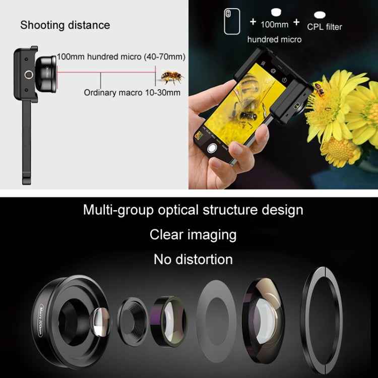 APEXEL CM-HB100CPL HB100mm HD External Macro Mobile Phone Lens with CPL