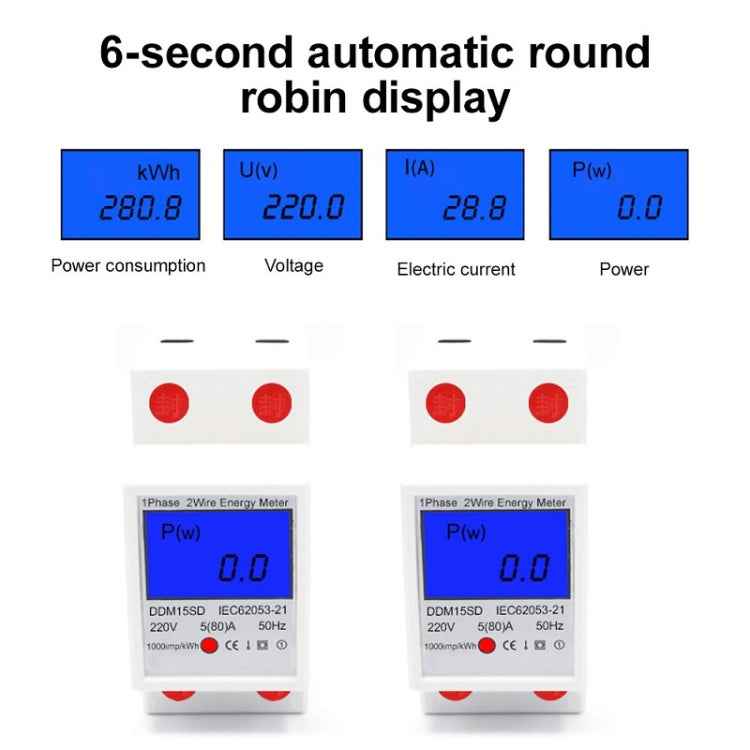 DDM15SD Single-phase Multi-function Rail Meter with Backlight LCD Display, 5 (20) A, 5 (32) A, 10 (40) A, 15 (60) A, 20 (80) A, 5 (80) A