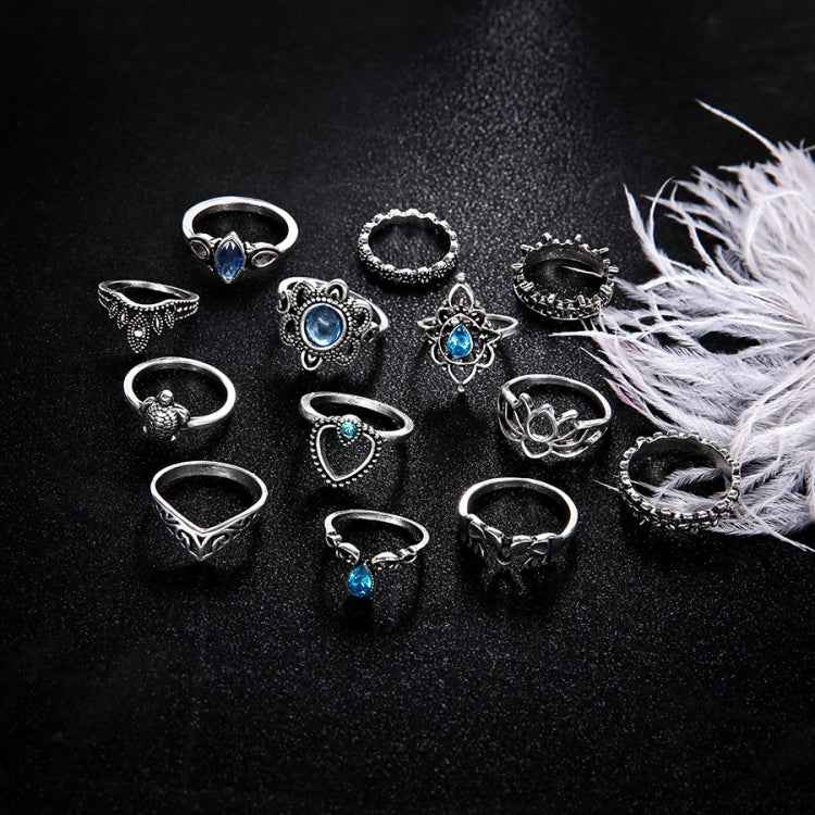 13pcs/set Vintage Diamond Engraved Crown Star Gemstone Ring, 13pcs/set 0737
