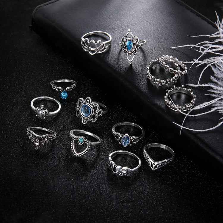 13pcs/set Vintage Diamond Engraved Crown Star Gemstone Ring, 13pcs/set 0737