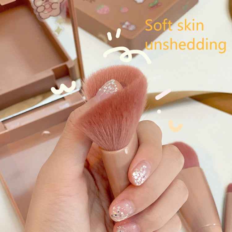 5pcs/Set Medium Portable Makeup Brush Set With Mirror Mini Multifunctional Makeup Brush, Brown, Rose Red, Pink, Fluorescent Green