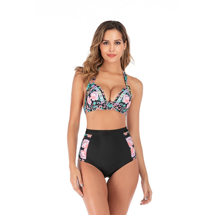 Lace-Up Halter Backless High-Waisted Swimsuit Split Printed Bikini Swimsuit, S, M, L