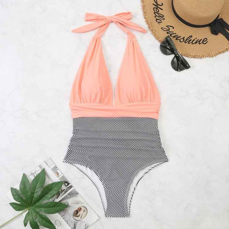 Summer One-piece Backless Lace-Up Ladies Swimsuit Floral-print Halter Bikini, XL