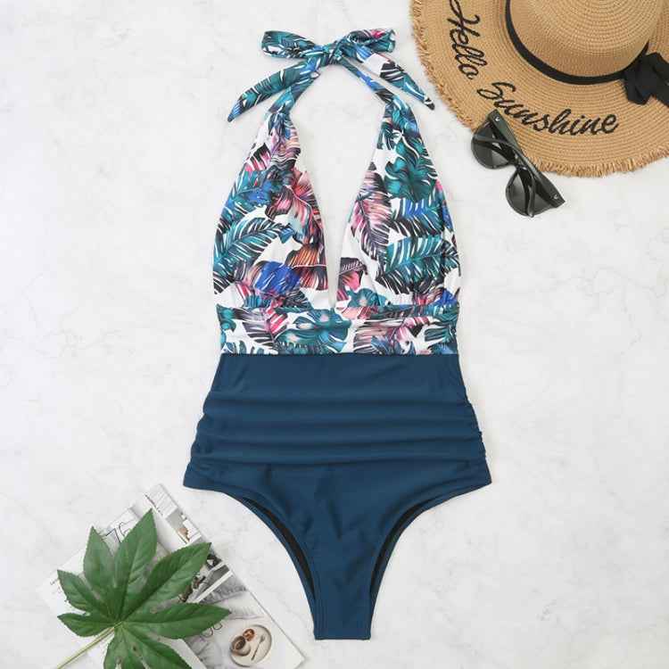 Summer One-piece Backless Lace-Up Ladies Swimsuit Floral-print Halter Bikini, XL