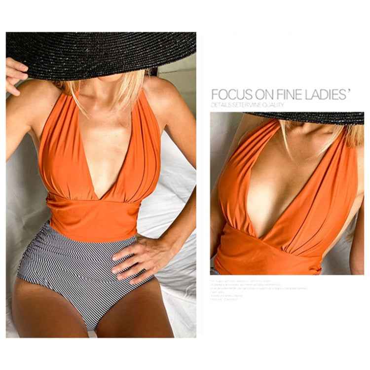 Summer One-piece Backless Lace-Up Ladies Swimsuit Floral-print Halter Bikini, XL