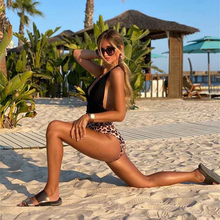 Summer One-piece Backless Lace-Up Ladies Swimsuit Floral-print Halter Bikini, XL