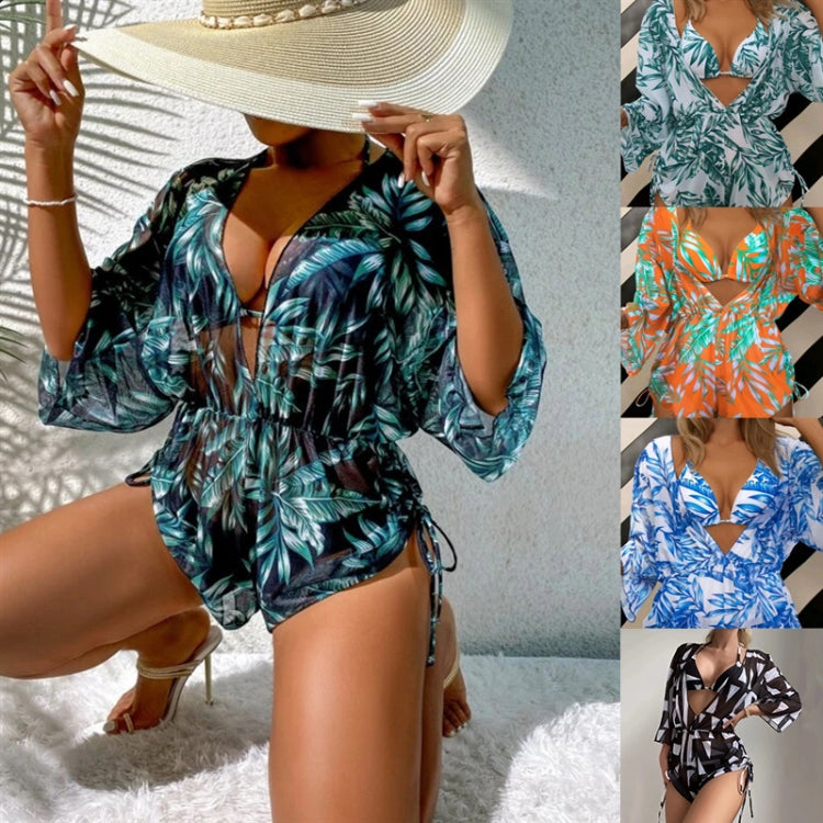 Leaf-print Waist Lace-up Three-Piece Bikini Set Long-sleeved Beach Sun Protection Swimsuit