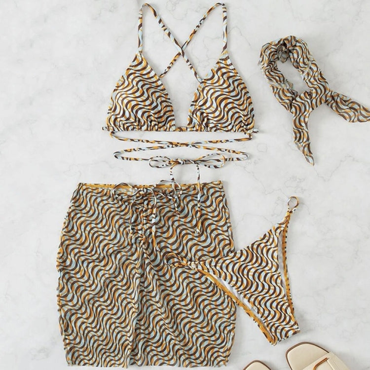 Ladies Mesh Three-Piece Swimsuit Water Ripple Print Sexy Lace-up Bikini with Veil