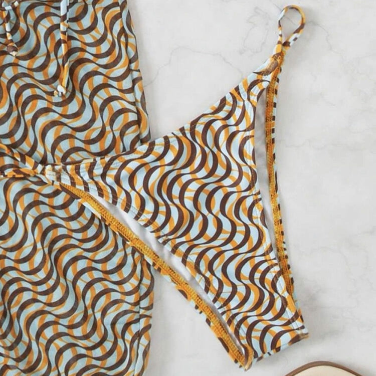 Ladies Mesh Three-Piece Swimsuit Water Ripple Print Sexy Lace-up Bikini with Veil