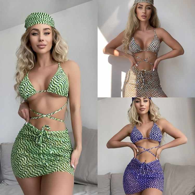 Ladies Mesh Three-Piece Swimsuit Water Ripple Print Sexy Lace-up Bikini with Veil