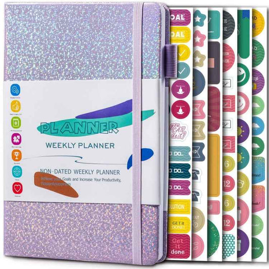 A5 Starry Sky Undated Planner Journal Financial Notebook, Purple, Blue, Gray, Pink, Yellow, Silver