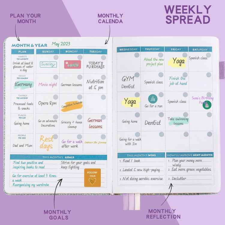 A5 Starry Sky Undated Planner Journal Financial Notebook, Purple, Blue, Gray, Pink, Yellow, Silver