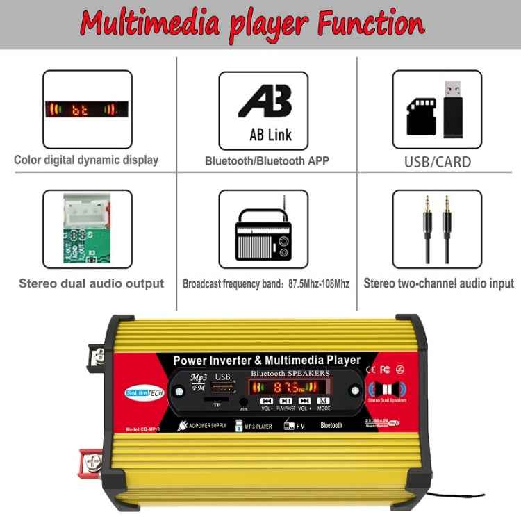 SOLIKE TECH 300W Inverter with Bluetooth MP3/FM Multimedia Player, 12V to 110V, 12V to 220V