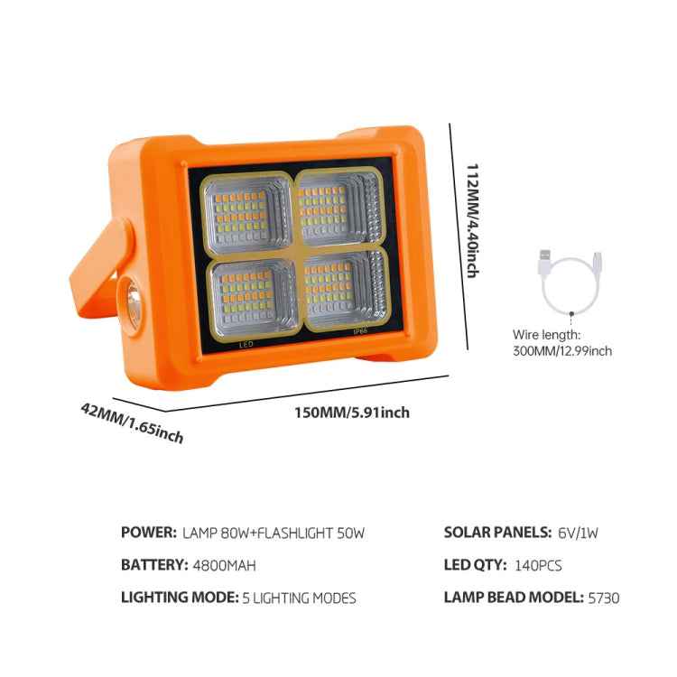 Solar Flood Light Portable Flashlight Emergency Work Light, 144 LEDs