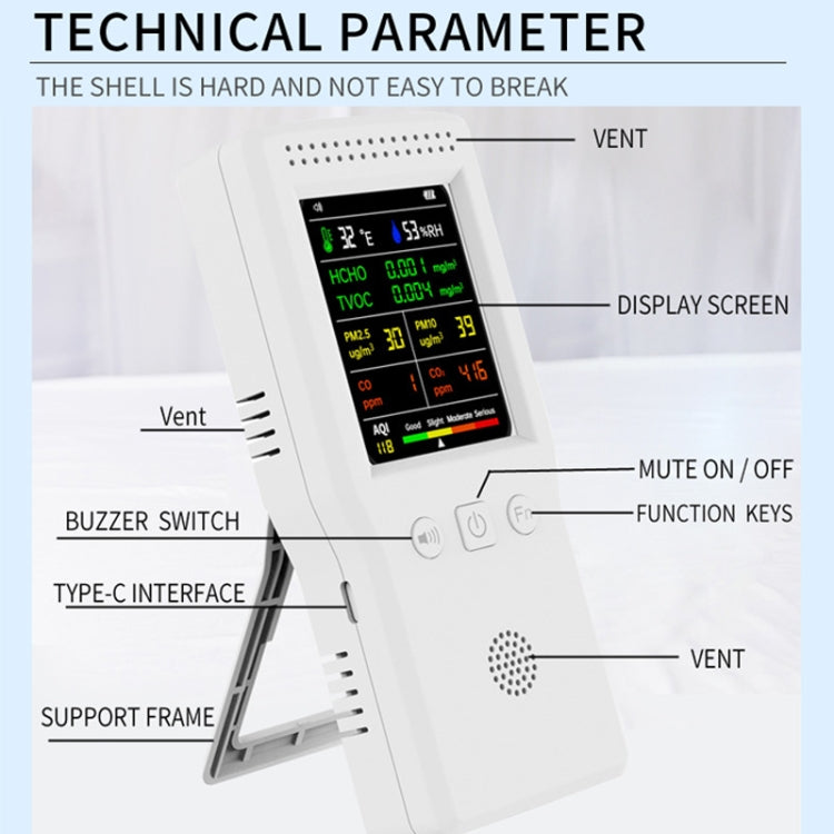 9 In 1 Air Quality Detector Handheld High Precision Formaldehyde Detector, White, Black