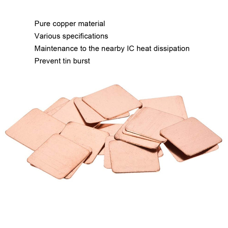20pcs Laptop Cooling Copper Heat Sink Thermal Conductive Tabs Cell Phone Computer Graphics Card Heat Sinks, 15x15x0.1mm, 15x15x0.3mm, 15x15x0.4mm, 15x15x0.5mm, 15x15x0.6mm, 15x15x0.8mm, 15x15x1.0mm, 15x15x1.2mm, 15x15x1.5mm, 15x15x1.8mm, 15x15x2.0mm   ...