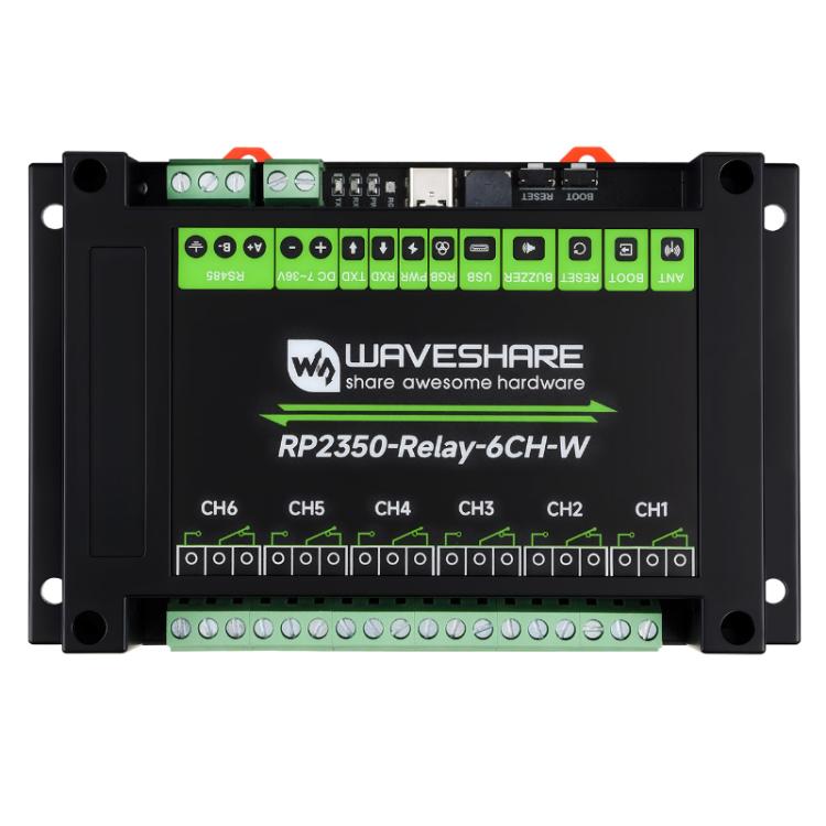 WAVESHARE RP2350 Industrial Control Board 6-Channel Relay Module, Based On RP2350 Microcontroller, Supports Wxternal Interfaces RS485 And Pico, With Wi-Fi Module