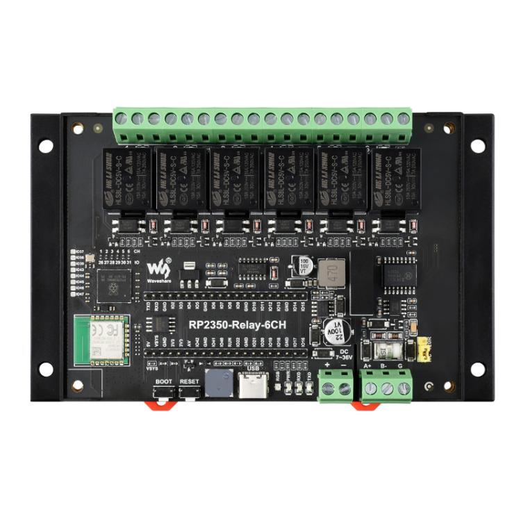 WAVESHARE RP2350 Industrial Control Board 6-Channel Relay Module, Based On RP2350 Microcontroller, Supports Wxternal Interfaces RS485 And Pico, With Wi-Fi Module