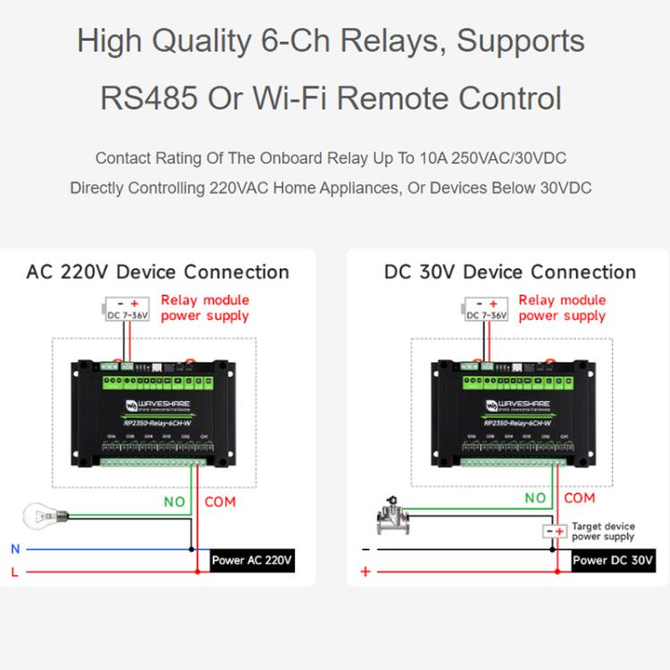 WAVESHARE RP2350 Industrial Control Board 6-Channel Relay Module, Based On RP2350 Microcontroller, Supports Wxternal Interfaces RS485 And Pico, With Wi-Fi Module