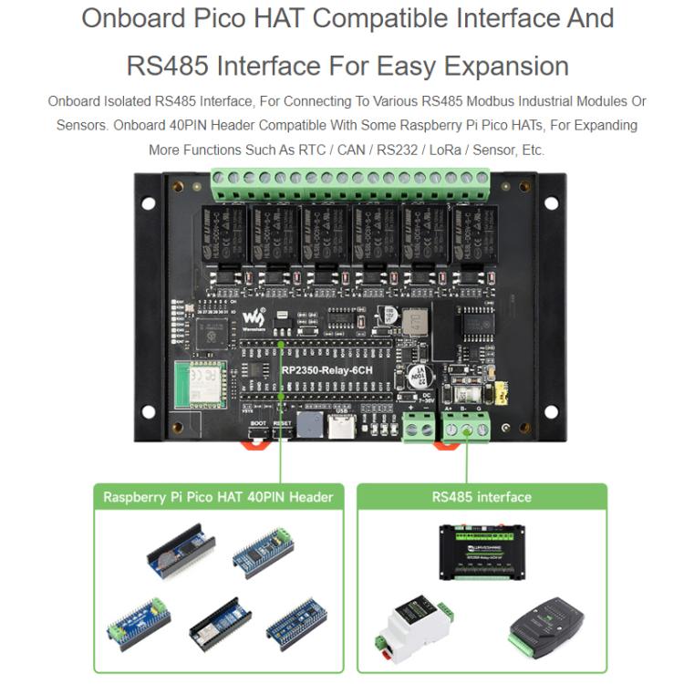 WAVESHARE RP2350 Industrial Control Board 6-Channel Relay Module, Based On RP2350 Microcontroller, Supports Wxternal Interfaces RS485 And Pico, With Wi-Fi Module