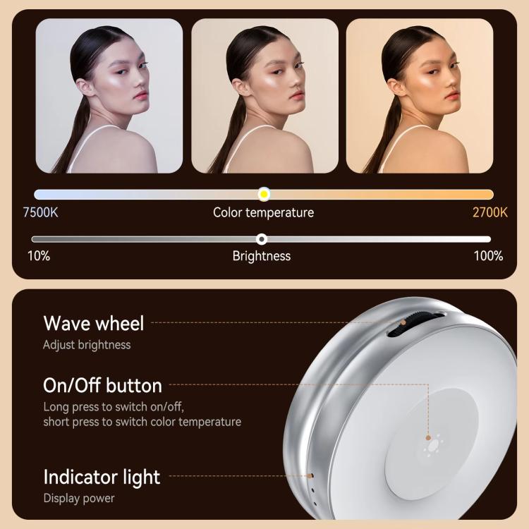 TELESIN S5-BGD-01 Mini Phone Magnetic Beauty Replacement Light Tri-Color Temperature Portable Selfie Mirror Rotating Stretching Pocket Lamp, Silver, Black