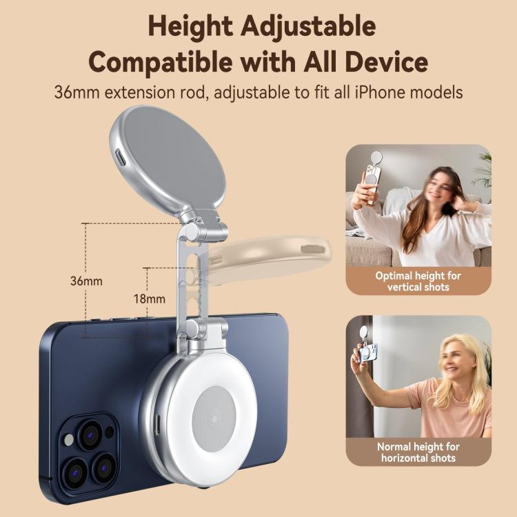 TELESIN S5-BGD-01 Mini Phone Magnetic Beauty Replacement Light Tri-Color Temperature Portable Selfie Mirror Rotating Stretching Pocket Lamp, Silver, Black
