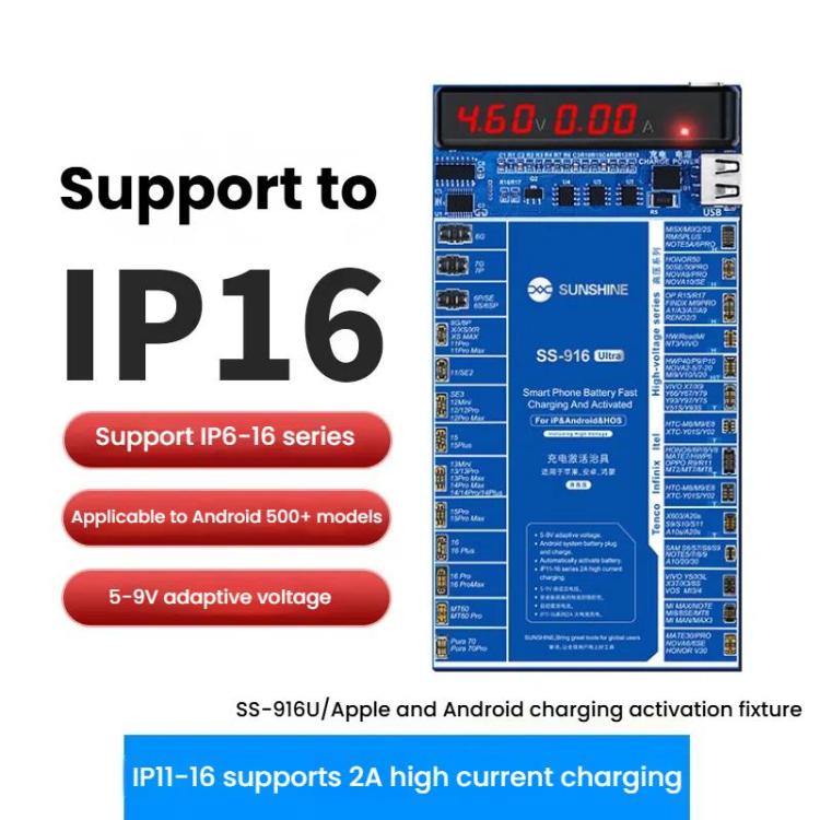 Charging Activation Fixture 5-9V Adaptive Voltage Support iPhone 16 Series and Android Models, SUNSHINE SS-916 Ultra