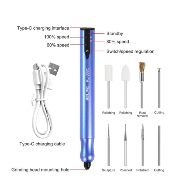 Smart Rechargeable Grinding Pen Portable Grinding Head Rust Removal Polishing Motherboard Repair Electric Grinder, RL-068C