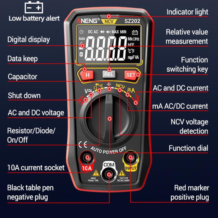 ANENG High-precision Maintenance Multi-function Digital Display Multimeter, SZ202 Red, SZ202 Black