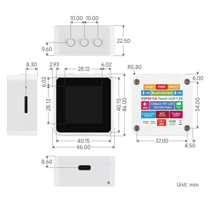 Waveshare ESP32-C6 1.54-Inch LCD Development Board 240×240 Resolution Supports Dual Microphones, Non-touch Control, Touch Control