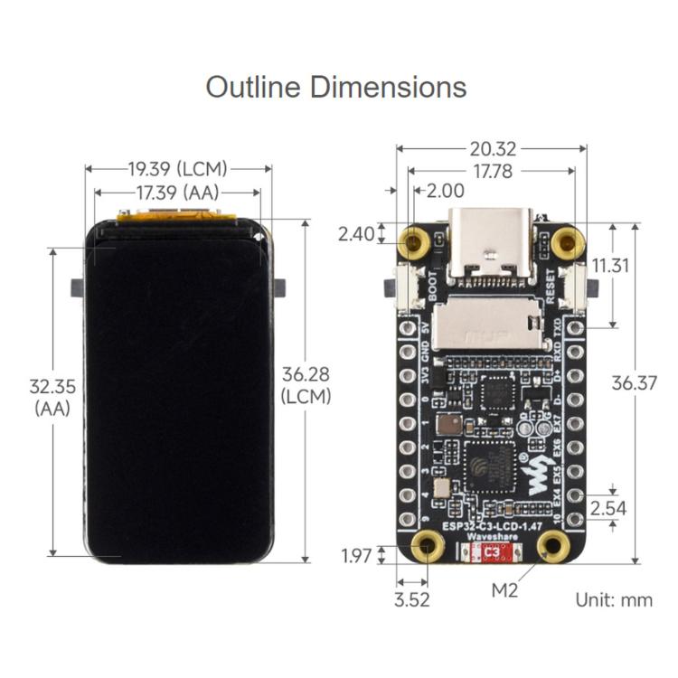 Waveshare ESP32-C3 1.47-Inch LCD Development Board, RISC-V 32-Bit Single-Core Processor, Unsoldered Headers, Soldered Black Headers