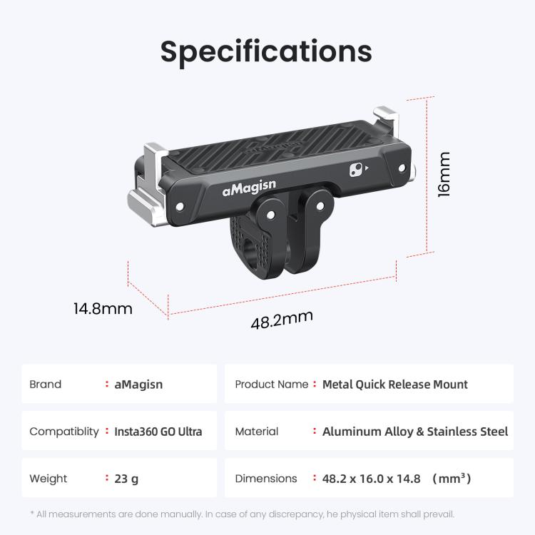 For Insta360 Go Ultra Camera AMagisn Metal Quick Release Magnetic Adapter With 1/4-Inch Threaded Hol