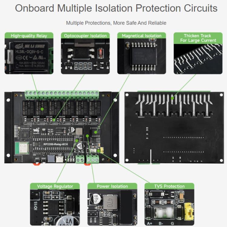 WAVESHARE RP2350 Industrial Control Board 6-Channel Relay Module, Based On RP2350 Microcontroller, Supports Wxternal Interfaces RS485 And Pico, Without Wi-Fi Module