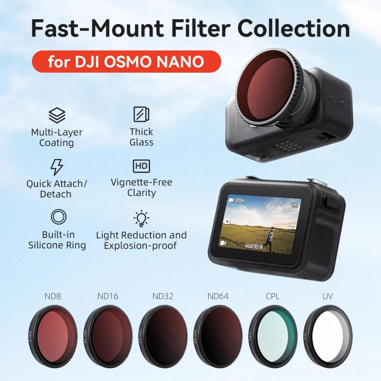 For DJI Osmo Nano aMagisn Quick-Change Snap-On Filter, UV, CPL, ND8+ND16+ND32+ND64, ND8+ND16+ND32+CPL