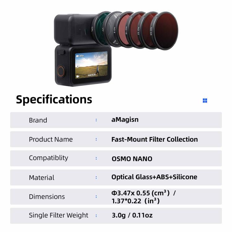 For DJI Osmo Nano aMagisn Quick-Change Snap-On Filter, UV, CPL, ND8+ND16+ND32+ND64, ND8+ND16+ND32+CPL