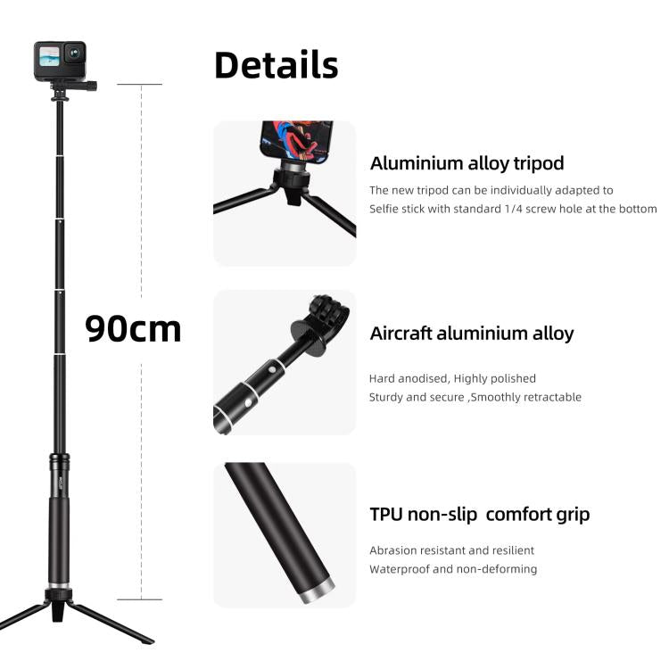 TELESIN 0.9M Selfie Stick Monopod Tripod Compatible With Action Cameras And Smartphones, Aluminum Alloy Tripod, Plastic Tripod