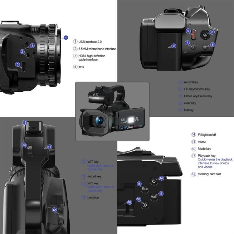 64MP 6K 18X Digital Zoom Ultra HD Video Camera With 4-Inch Touch Screen Camcorder, 6K 16G With Mic, 6K 32G With Mic